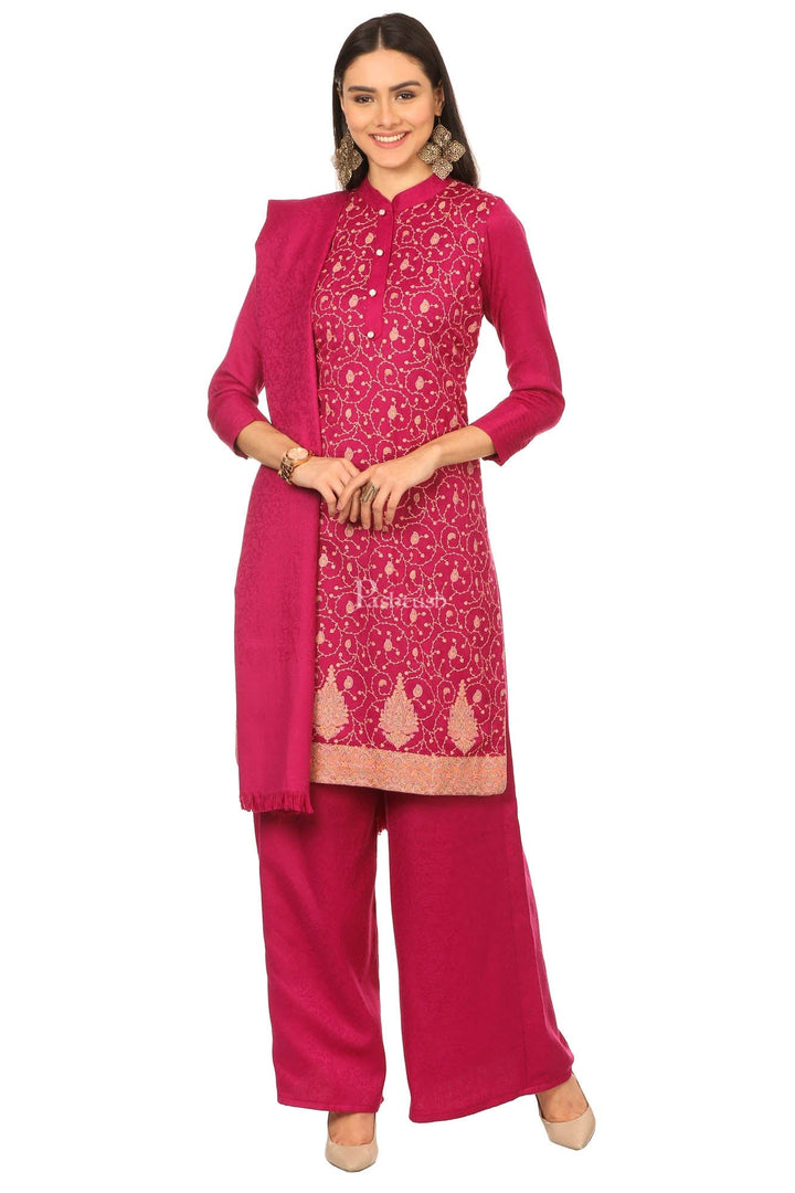 Pashtush India Womens Stoles and Scarves Scarf Pashtush Embroidery, With Self Stole (Unstitched) - Rich Pink