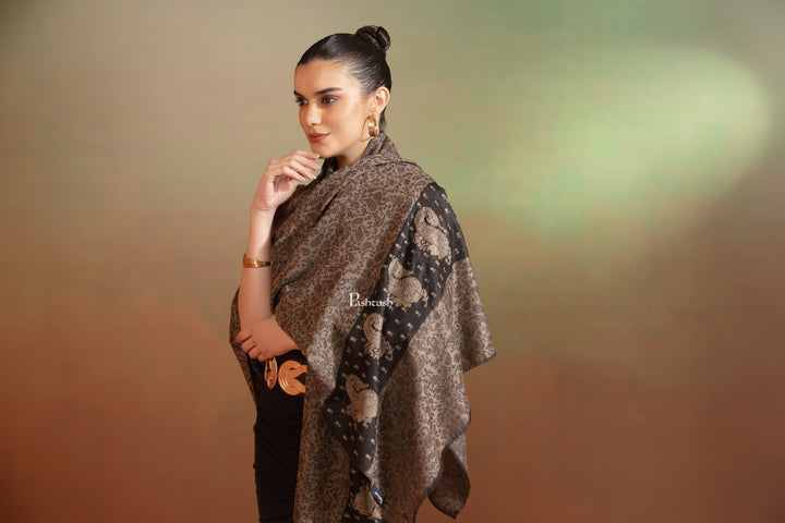 Pashtush India Womens Shawls Pashtush  Extra Fine Wool Shawl, Tone On Tone Palla Embroidery Design, Black