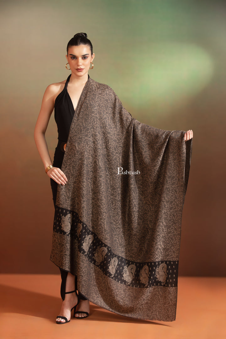 Pashtush India Womens Shawls Pashtush  Extra Fine Wool Shawl, Tone On Tone Palla Embroidery Design, Black