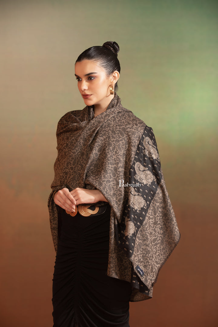Pashtush India Womens Shawls Pashtush  Extra Fine Wool Shawl, Tone On Tone Palla Embroidery Design, Black