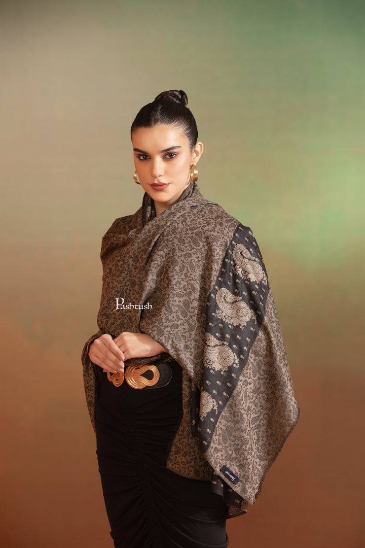 Pashtush India Womens Shawls Pashtush  Extra Fine Wool Shawl, Tone On Tone Palla Embroidery Design, Black
