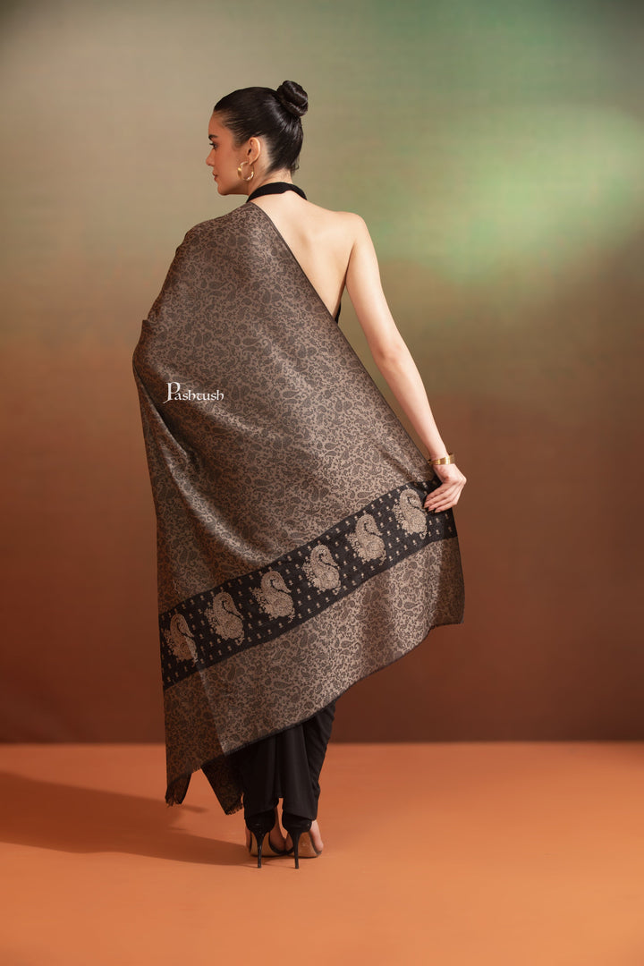 Pashtush India Womens Shawls Pashtush  Extra Fine Wool Shawl, Tone On Tone Palla Embroidery Design, Black