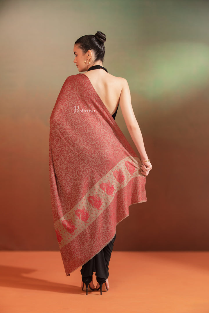 Pashtush India Womens Shawls Pashtush  Extra Fine Wool Shawl, Tone On Tone Palla Embroidery Design, Rose