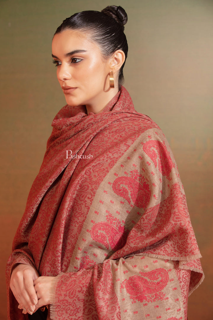 Pashtush India Womens Shawls Pashtush  Extra Fine Wool Shawl, Tone On Tone Palla Embroidery Design, Rose