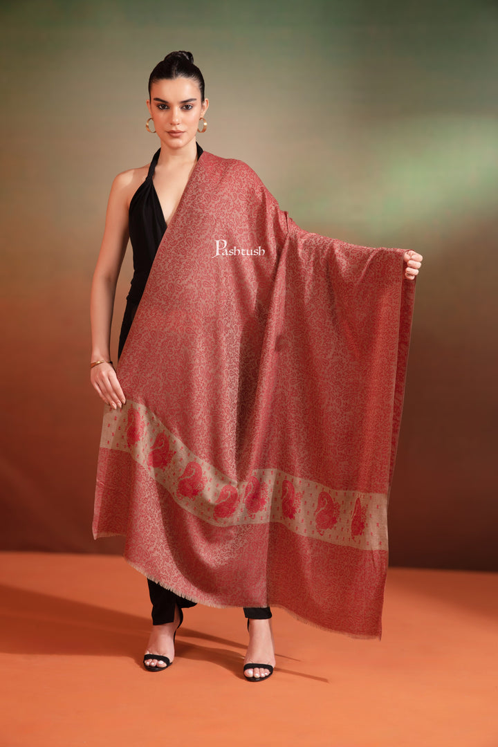 Pashtush India Womens Shawls Pashtush  Extra Fine Wool Shawl, Tone On Tone Palla Embroidery Design, Rose