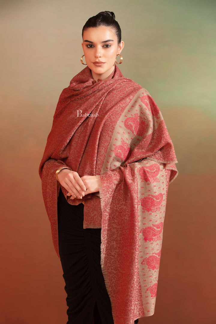 Pashtush India Womens Shawls Pashtush  Extra Fine Wool Shawl, Tone On Tone Palla Embroidery Design, Rose