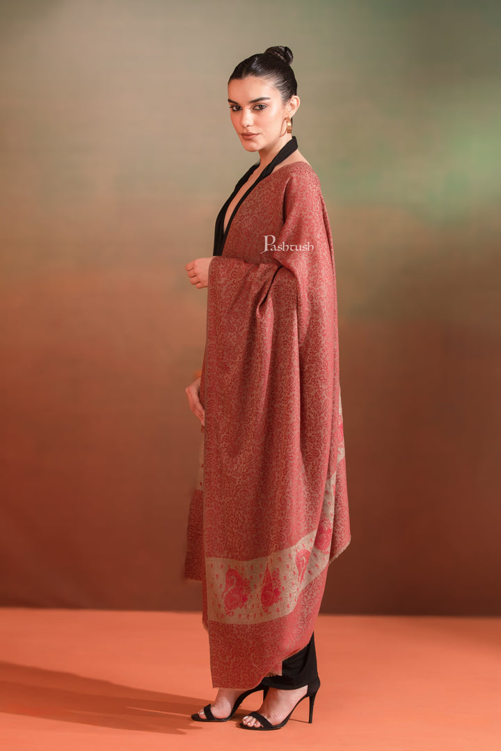 Pashtush India Womens Shawls Pashtush  Extra Fine Wool Shawl, Tone On Tone Palla Embroidery Design, Rose