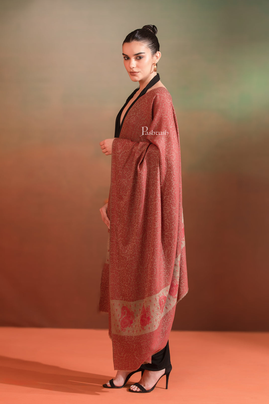 Pashtush India Womens Shawls Pashtush  Extra Fine Wool Shawl, Tone On Tone Palla Embroidery Design, Rose