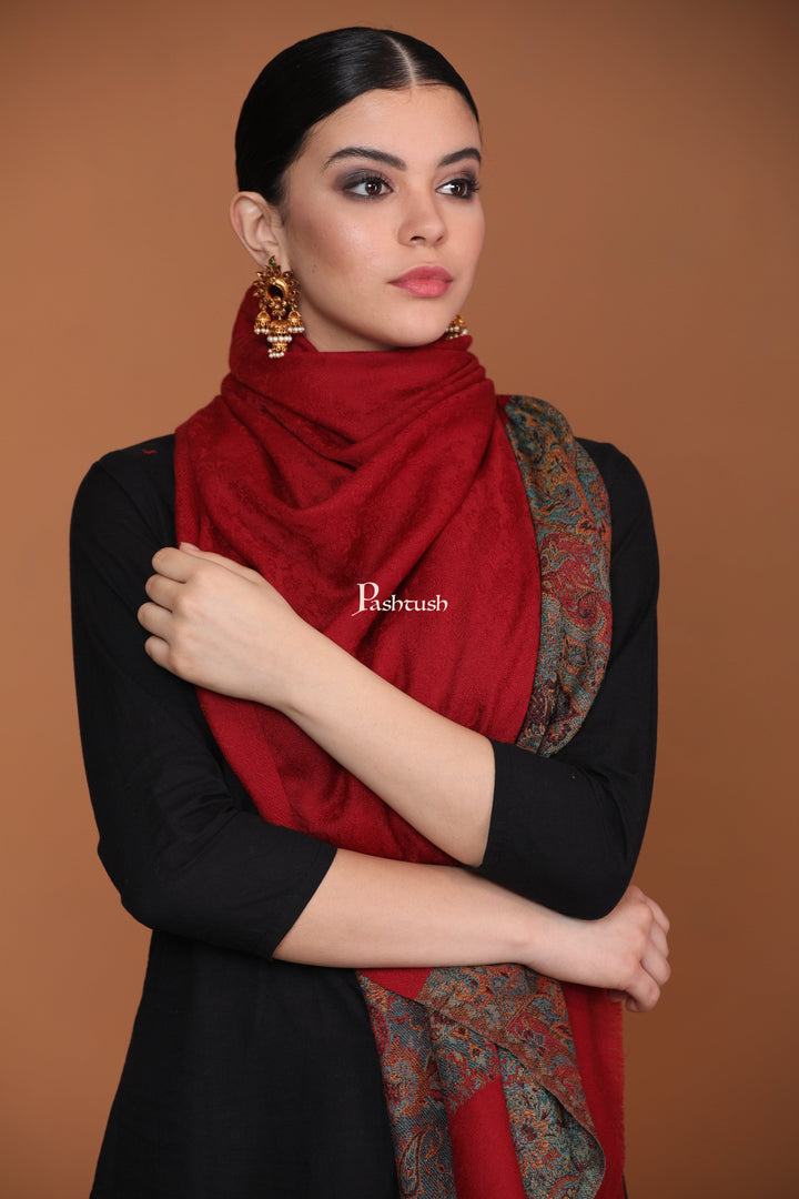 Pashtush India Womens Stoles and Scarves Scarf Pashtush Extra Fine Wool Stole, Ethnic palla Design - Maroon