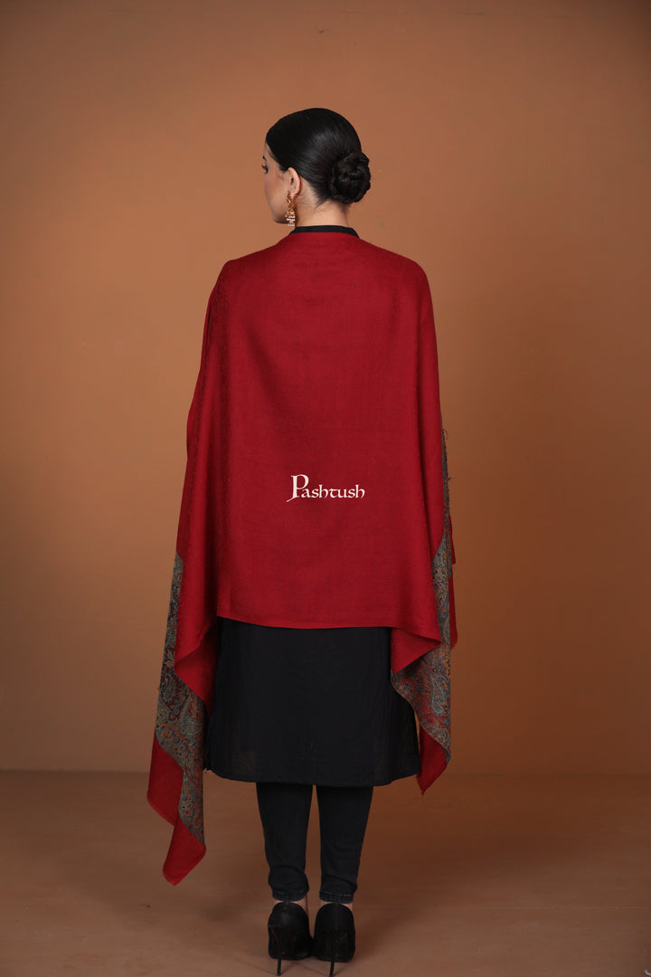 Pashtush India Womens Stoles and Scarves Scarf Pashtush Extra Fine Wool Stole, Ethnic palla Design - Maroon