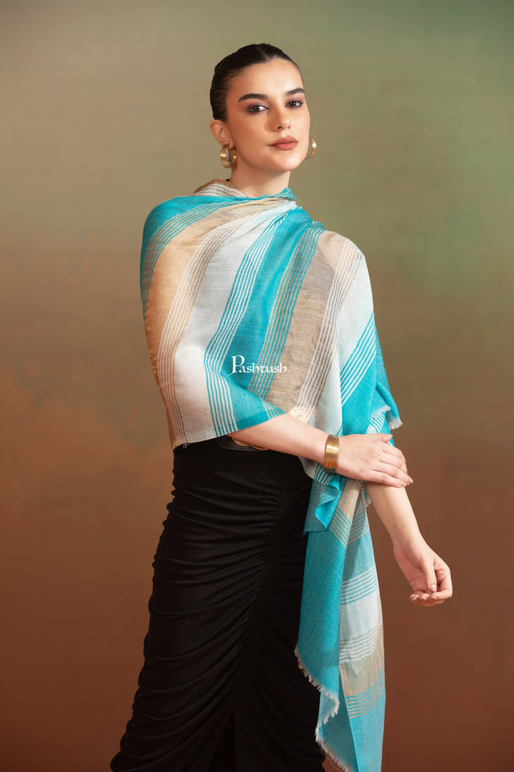 Pashtush India Womens Stoles and Scarves Scarf Pashtush  Extra Fine Wool Stole, Twilight Collection, Shimmery Weave Blue And Gold