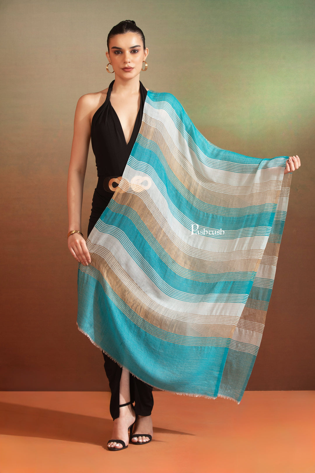 Pashtush India Womens Stoles and Scarves Scarf Pashtush  Extra Fine Wool Stole, Twilight Collection, Shimmery Weave Blue And Gold