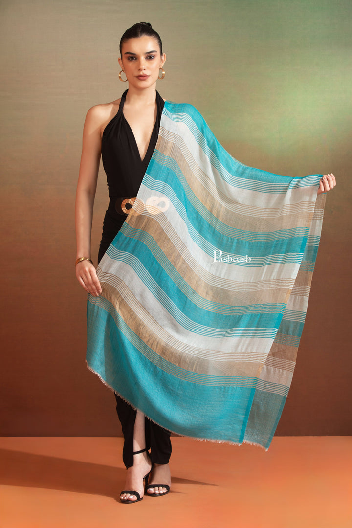 Pashtush India Womens Stoles and Scarves Scarf Pashtush  Extra Fine Wool Stole, Twilight Collection, Shimmery Weave Blue And Gold