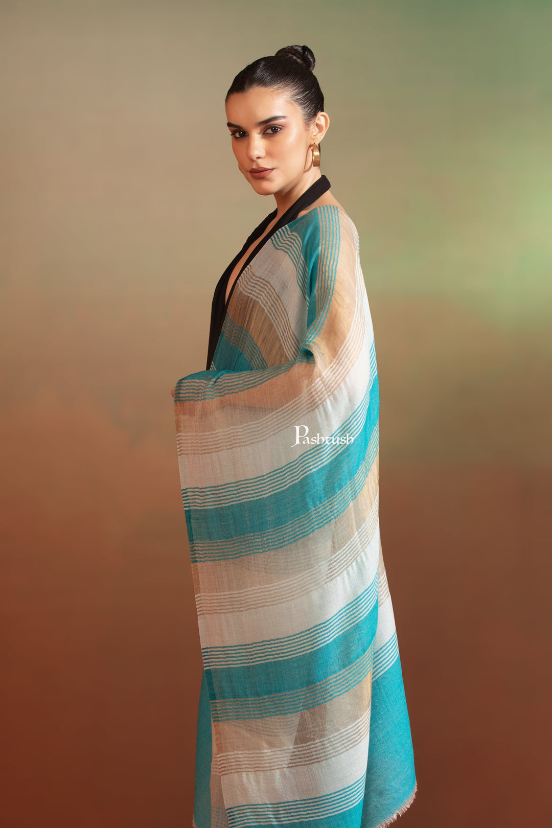 Pashtush India Womens Stoles and Scarves Scarf Pashtush  Extra Fine Wool Stole, Twilight Collection, Shimmery Weave Blue And Gold