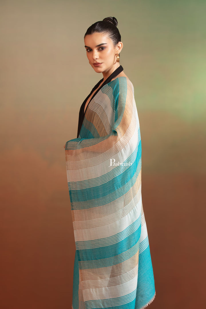 Pashtush India Womens Stoles and Scarves Scarf Pashtush  Extra Fine Wool Stole, Twilight Collection, Shimmery Weave Blue And Gold