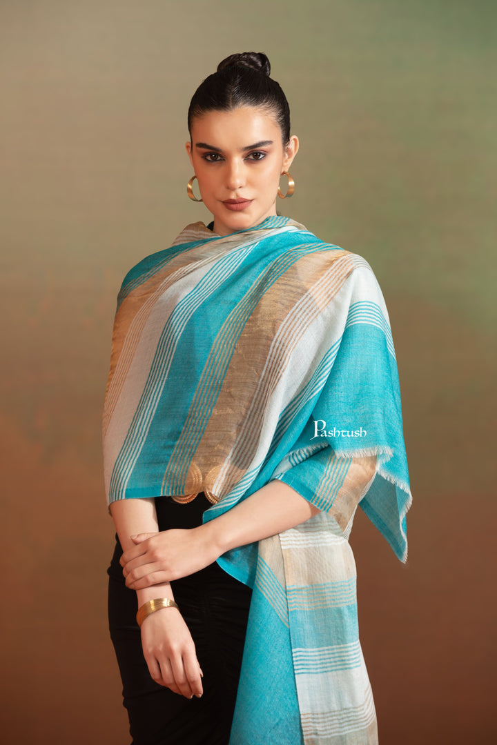Pashtush India Womens Stoles and Scarves Scarf Pashtush  Extra Fine Wool Stole, Twilight Collection, Shimmery Weave Blue And Gold
