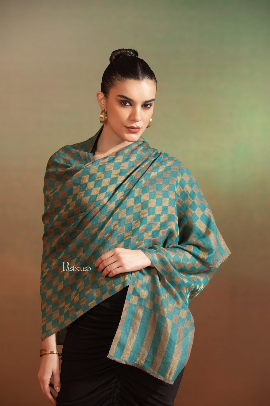 Pashtush India Womens Stoles and Scarves Scarf Pashtush  Extra Fine Wool Stole, Twilight Collection, Shimmery Weave Blue And Gold