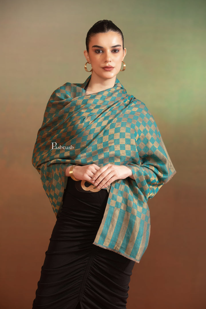 Pashtush India Womens Stoles and Scarves Scarf Pashtush  Extra Fine Wool Stole, Twilight Collection, Shimmery Weave Blue And Gold