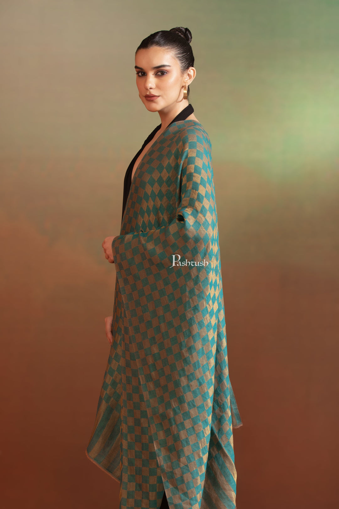 Pashtush India Womens Stoles and Scarves Scarf Pashtush  Extra Fine Wool Stole, Twilight Collection, Shimmery Weave Blue And Gold