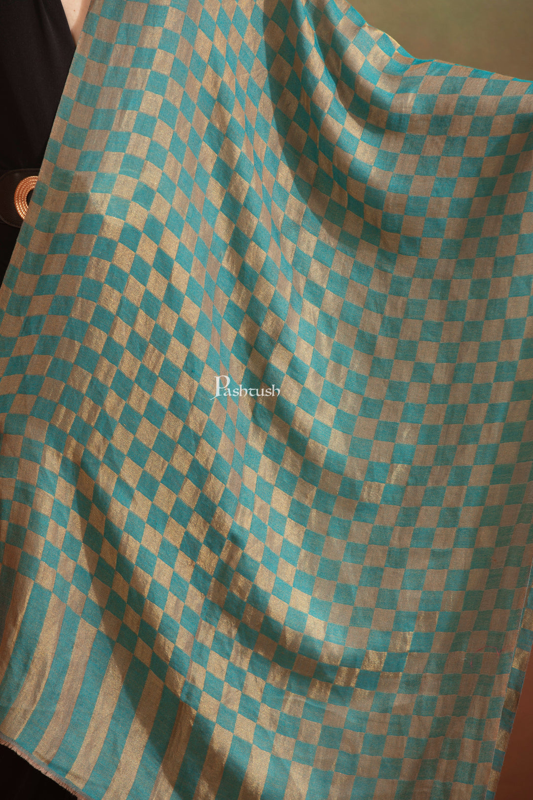Pashtush India Womens Stoles and Scarves Scarf Pashtush  Extra Fine Wool Stole, Twilight Collection, Shimmery Weave Blue And Gold