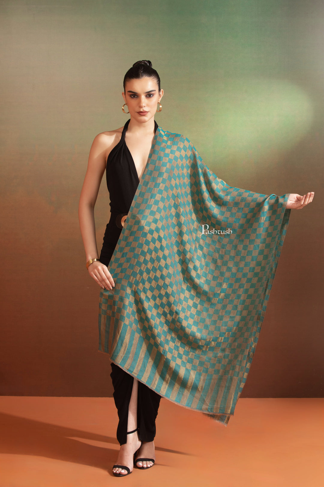 Pashtush India Womens Stoles and Scarves Scarf Pashtush  Extra Fine Wool Stole, Twilight Collection, Shimmery Weave Blue And Gold