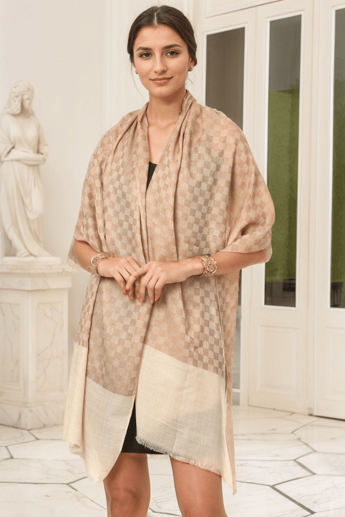 Pashtush India Womens Stoles and Scarves Scarf Pashtush Fine Wool Luxury Striped Design Scarf, Stole, Weaving Design - Beige
