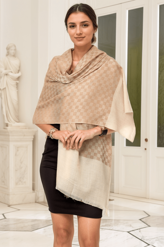 Pashtush India Womens Stoles and Scarves Scarf Pashtush Fine Wool Luxury Striped Design Scarf, Stole, Weaving Design - Beige