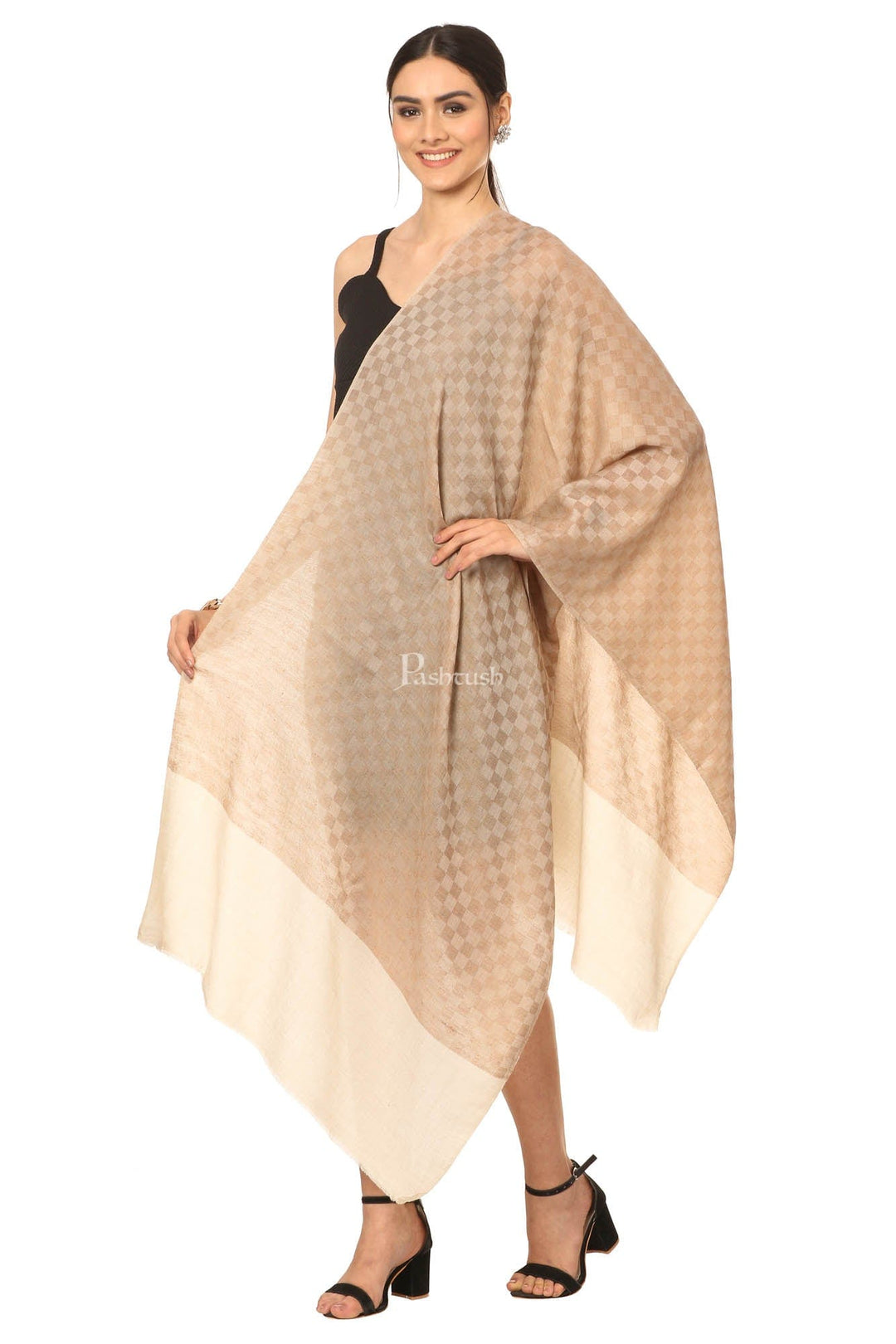 Pashtush India Womens Stoles and Scarves Scarf Pashtush Fine Wool Luxury Striped Design Scarf, Stole, Weaving Design - Beige
