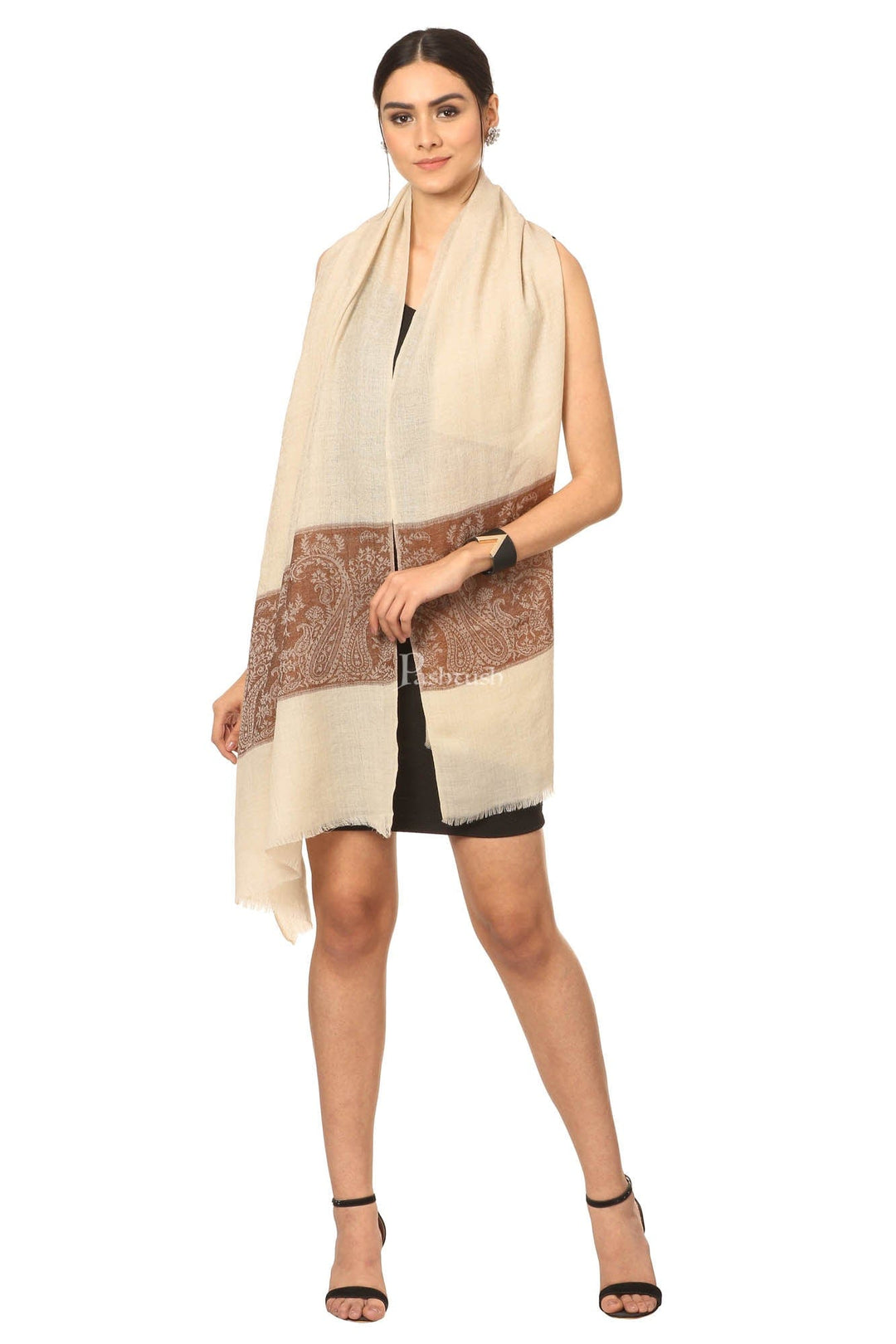Pashtush India Womens Stoles and Scarves Scarf Pashtush Fine Wool Luxury Striped Design Scarf, Stole, Weaving Design - Coffee