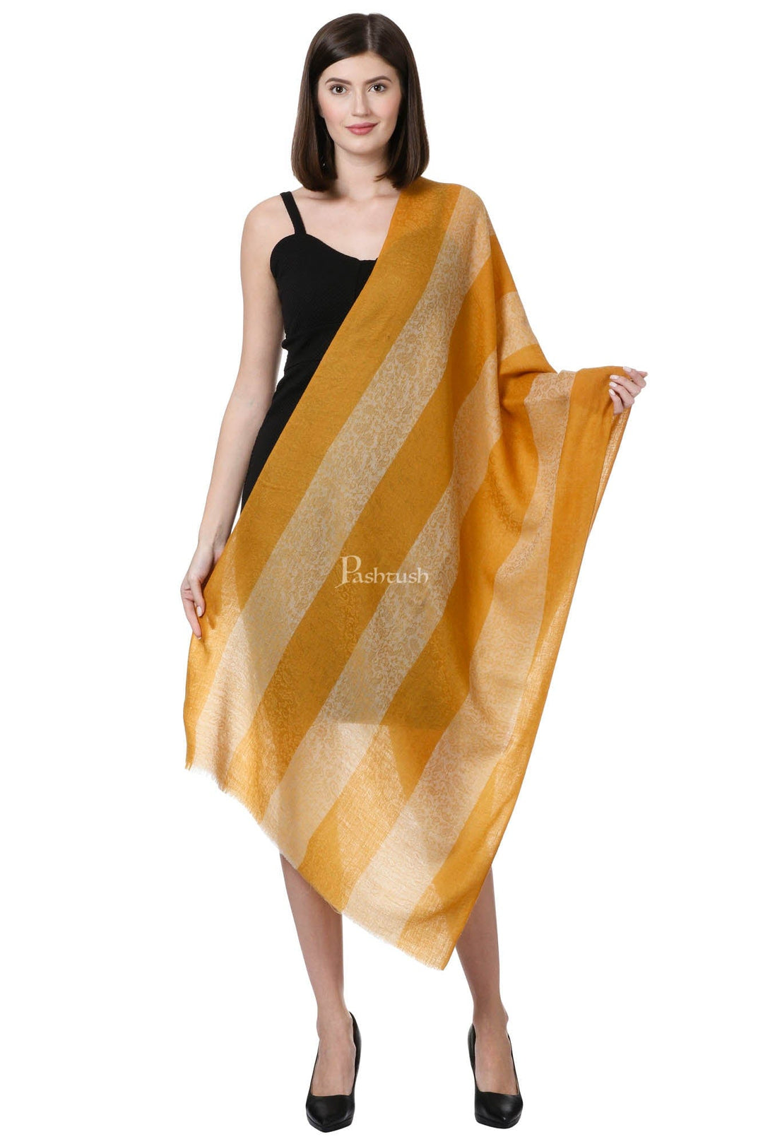 Pashtush India Womens Stoles and Scarves Scarf Pashtush Fine Wool Luxury Striped Design Scarf, Stole, Weaving Design - Mustard