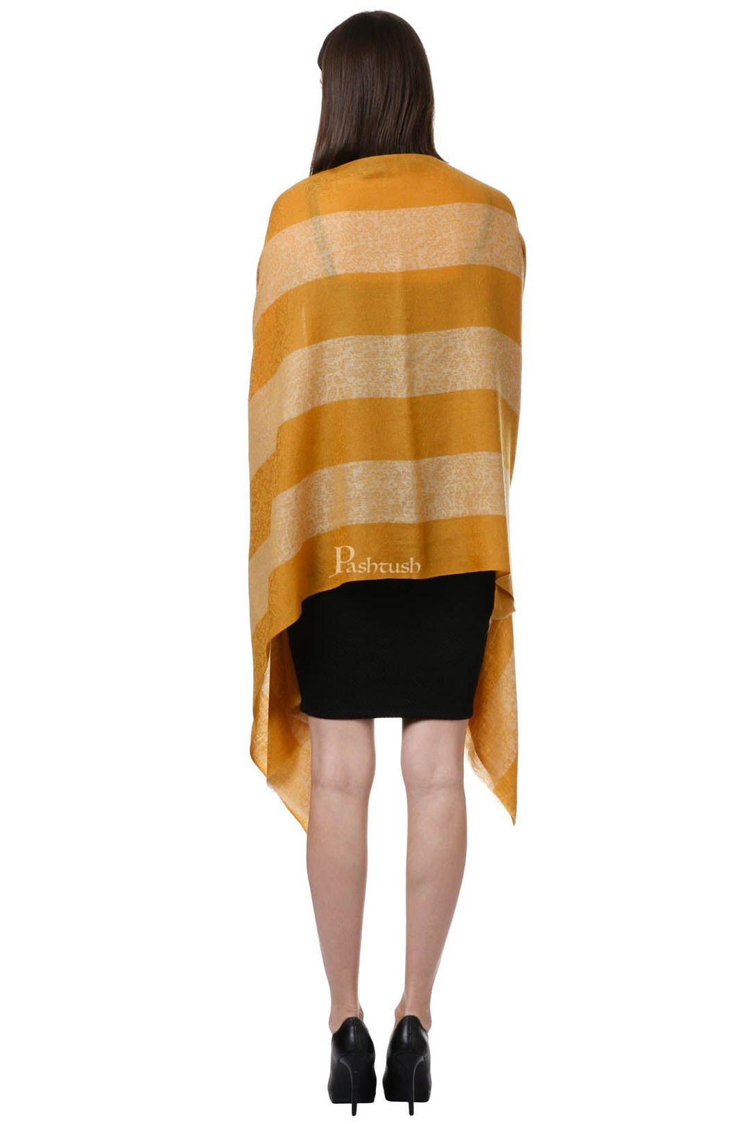 Pashtush India Womens Stoles and Scarves Scarf Pashtush Fine Wool Luxury Striped Design Scarf, Stole, Weaving Design - Mustard