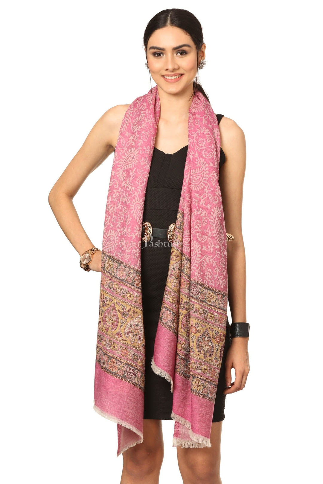 Pashtush India Womens Stoles and Scarves Scarf Pashtush Fine Wool Luxury Striped Design Scarf, Stole, Weaving Design - Pink