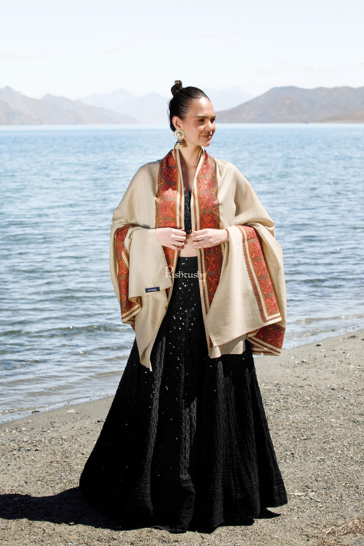 Pashtush India Womens Shawls Pashtush  Fine Wool Shawl, Kashmiri Tilla Embroidery Border Design, Beige