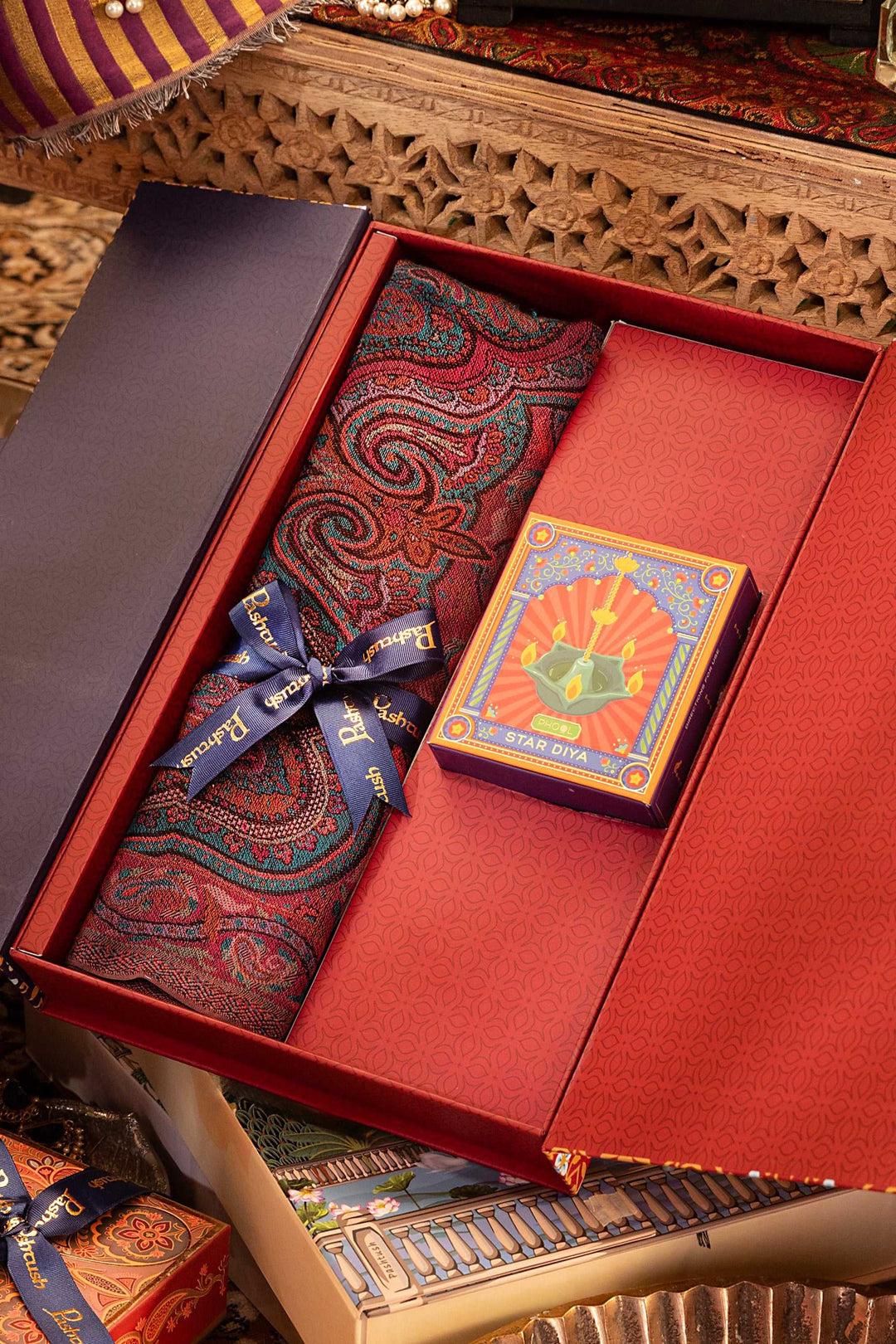 Pashtush India Gift Pack Pashtush Gift Set of Bamboo Scarf with Phool Star Diya, Premium Gift Box Packaging