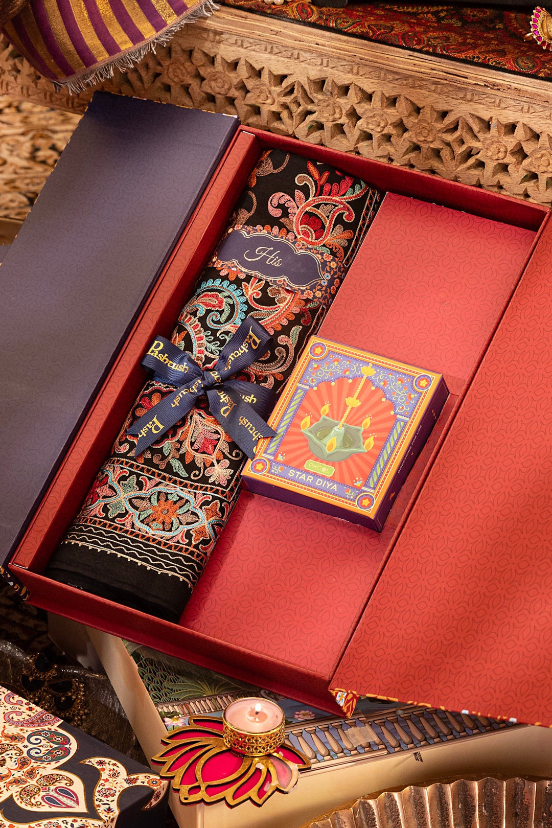 Pashtush India Gift Pack Pashtush Gift Set of Fine Wool Embroidery Stole with Phool Star Diya, Premium Gift Box Packaging