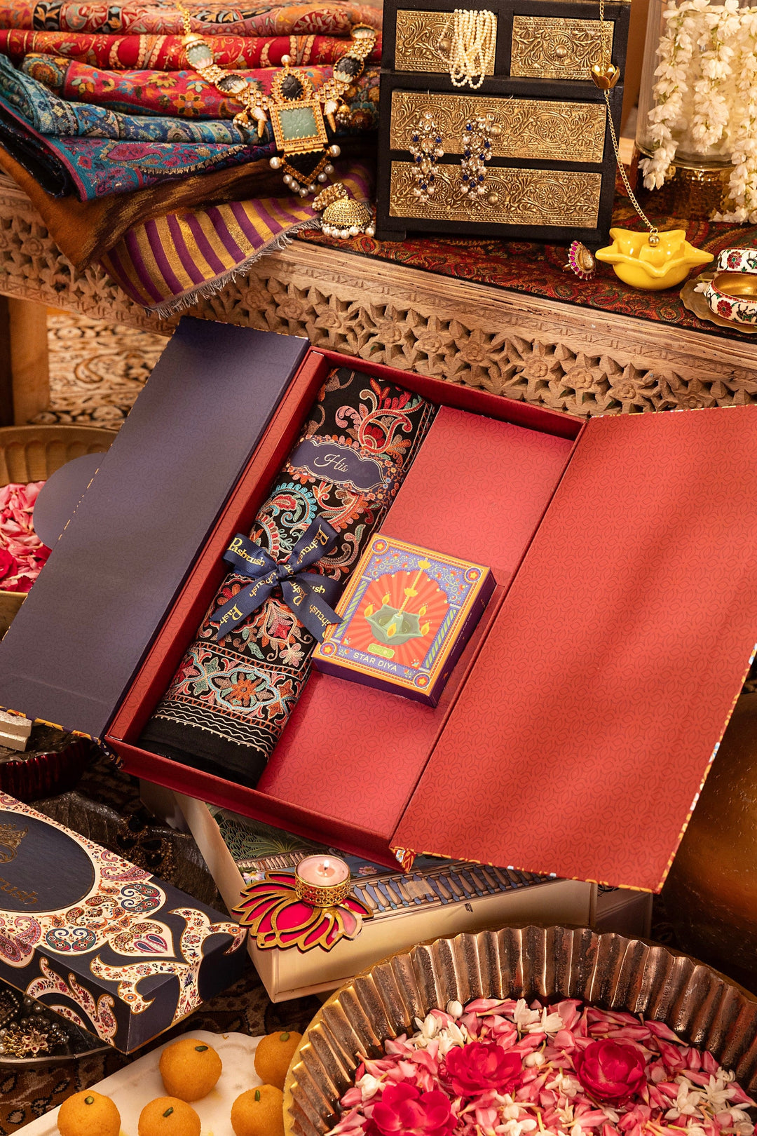 Pashtush India Gift Pack Pashtush Gift Set of Fine Wool Embroidery Stole with Phool Star Diya, Premium Gift Box Packaging