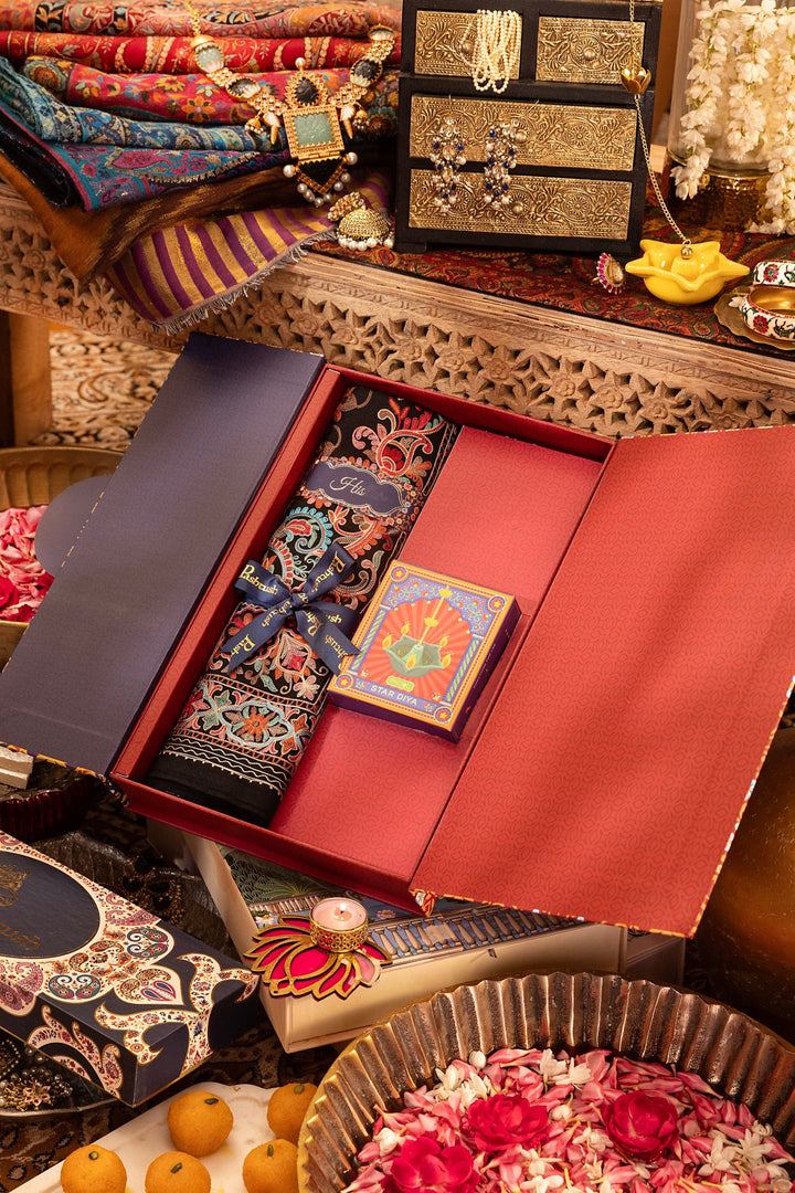 Pashtush India Gift Pack Pashtush Gift Set of Fine Wool Embroidery Stole with Phool Star Diya, Premium Gift Box Packaging