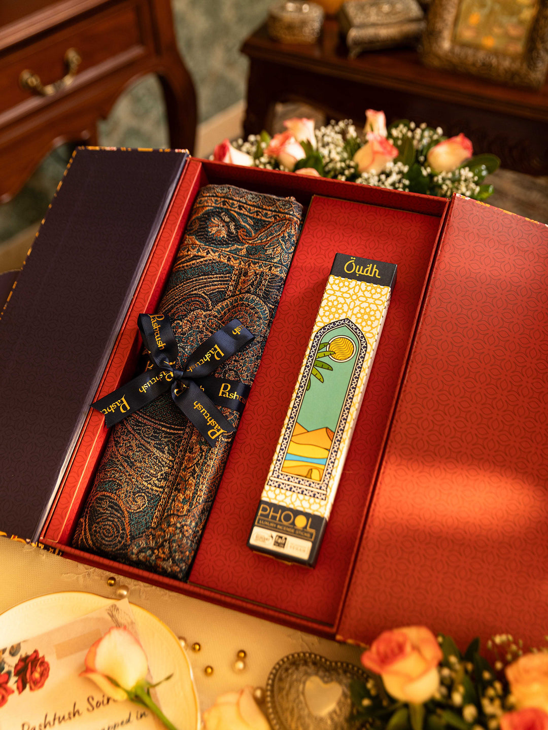 Pashtush India Gift Pack Pashtush Gift Set of Jamawar Shawl with Phool Oudh Incense Sticks, Premium Gift Box Packaging