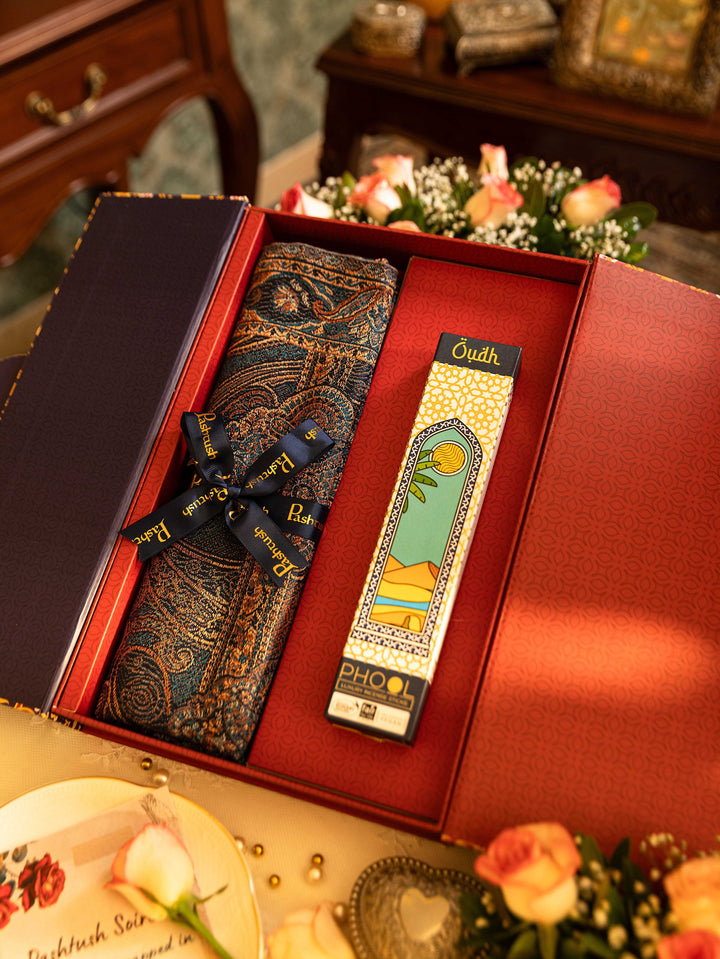 Pashtush India Gift Pack Pashtush Gift Set of Jamawar Shawl with Phool Oudh Incense Sticks, Premium Gift Box Packaging