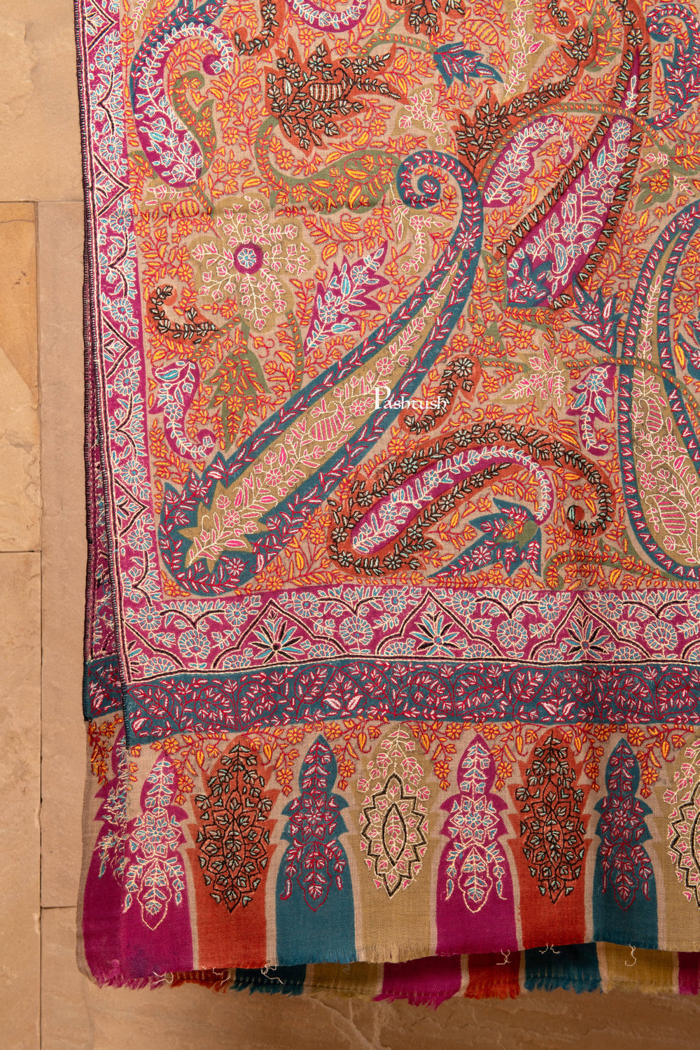 Pashtush Shawl Store Womens Shawls Pashtush Handwoven Pure Pashmina Kalamkar Jama, Handwoven, Hand-painted with Detailed Sozni Hand  Embroidery, Multicoloured