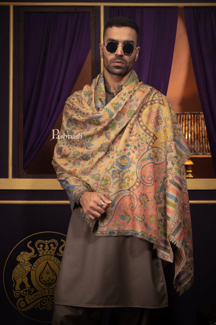 Pashtush India Gift Pack Pashtush His and Her Gift Set of 10% Pure Wool Stoles, Beige and Multicoloured, Packaged in Keepsake Wooden Chester Gift Box