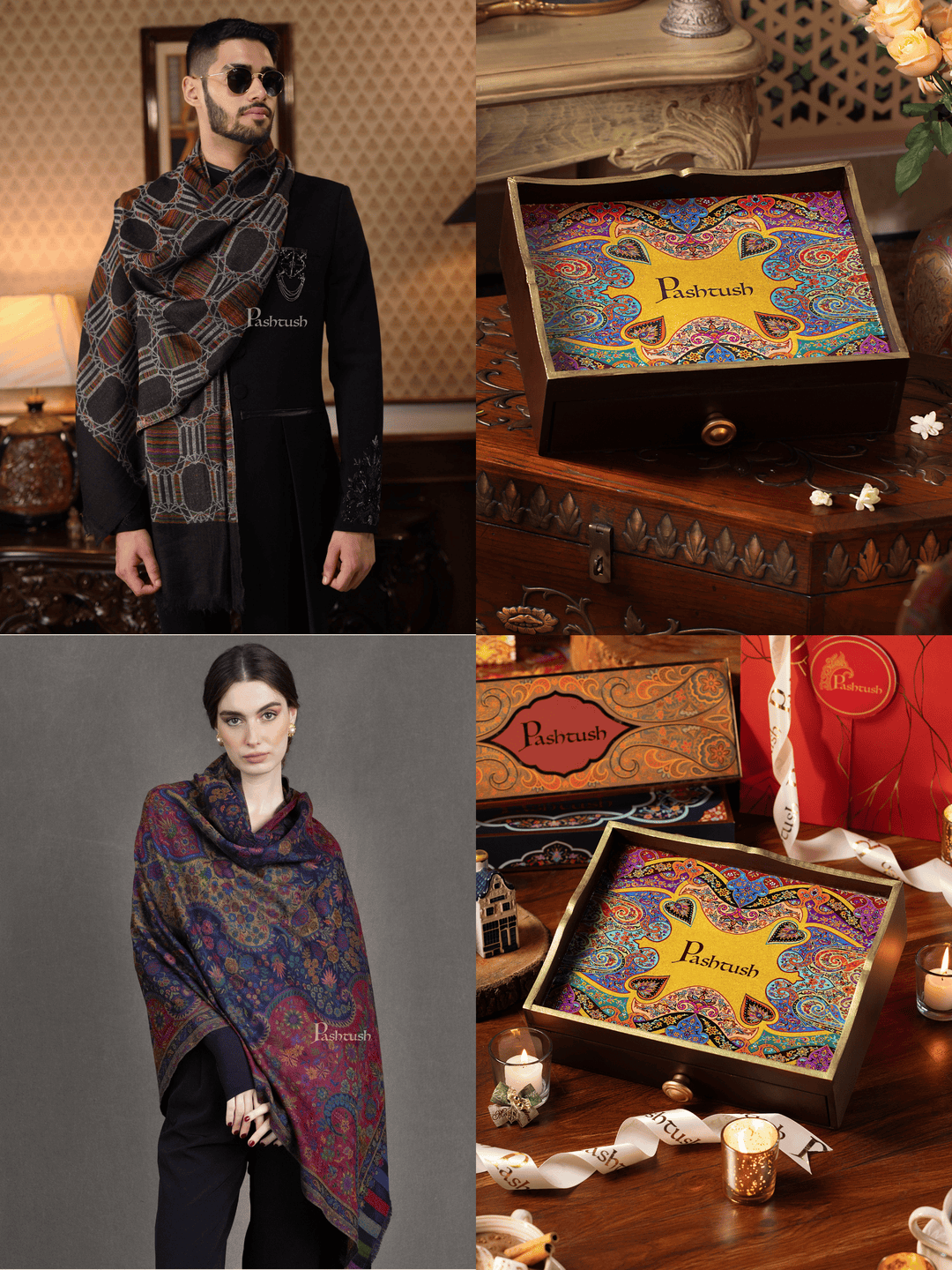 Pashtush India Gift Pack Pashtush His and Her Gift Set of 10% Pure Wool Stoles, Black and Multicoloured, Packaged in Keepsake Wooden Chester Gift Box