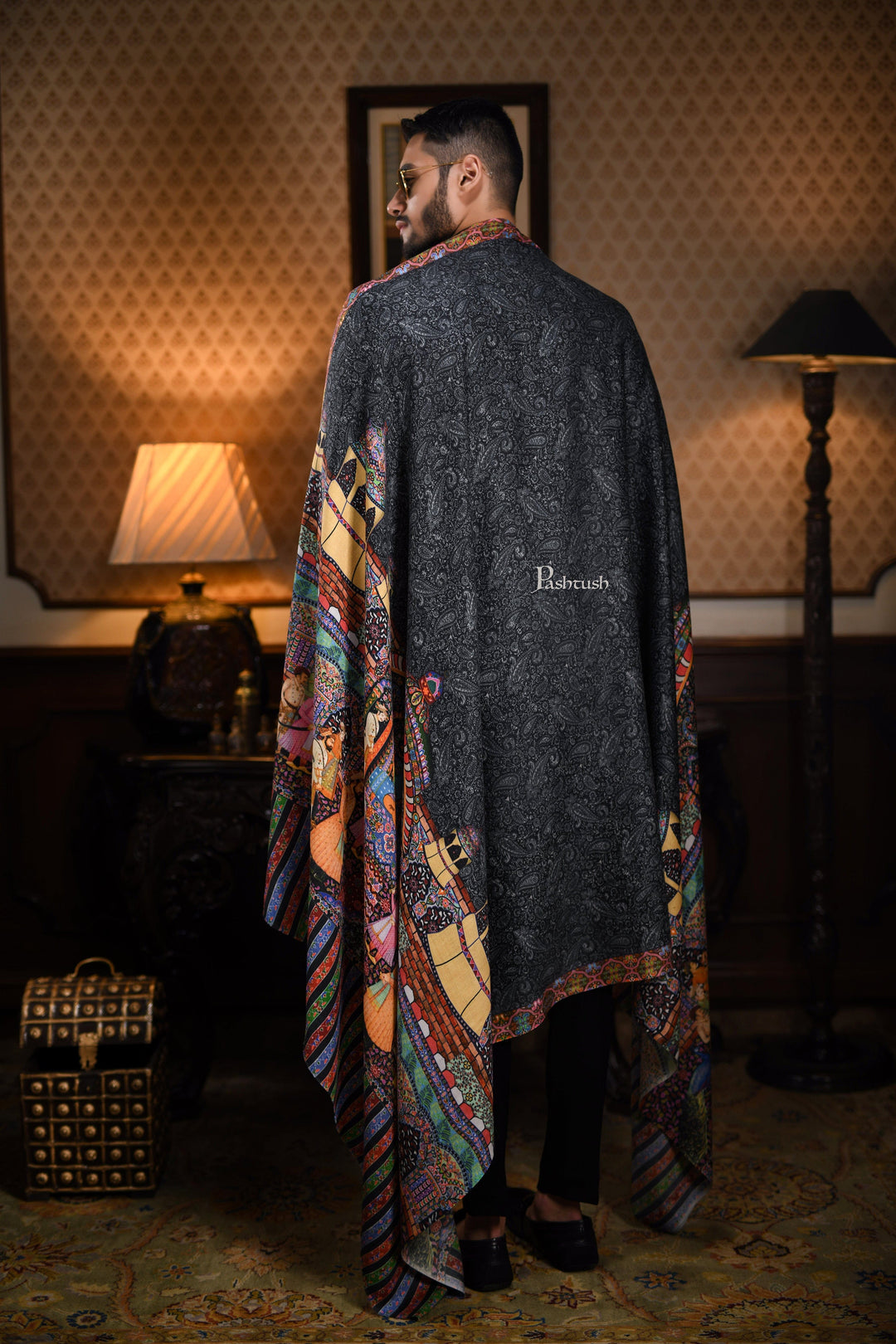Pashtush India Gift Pack Pashtush His And Her Gift Set Of 100% Pure Wool Darbar Stole and Ethnic Weave Shawl With Wooden Chester Box, Multicolour
