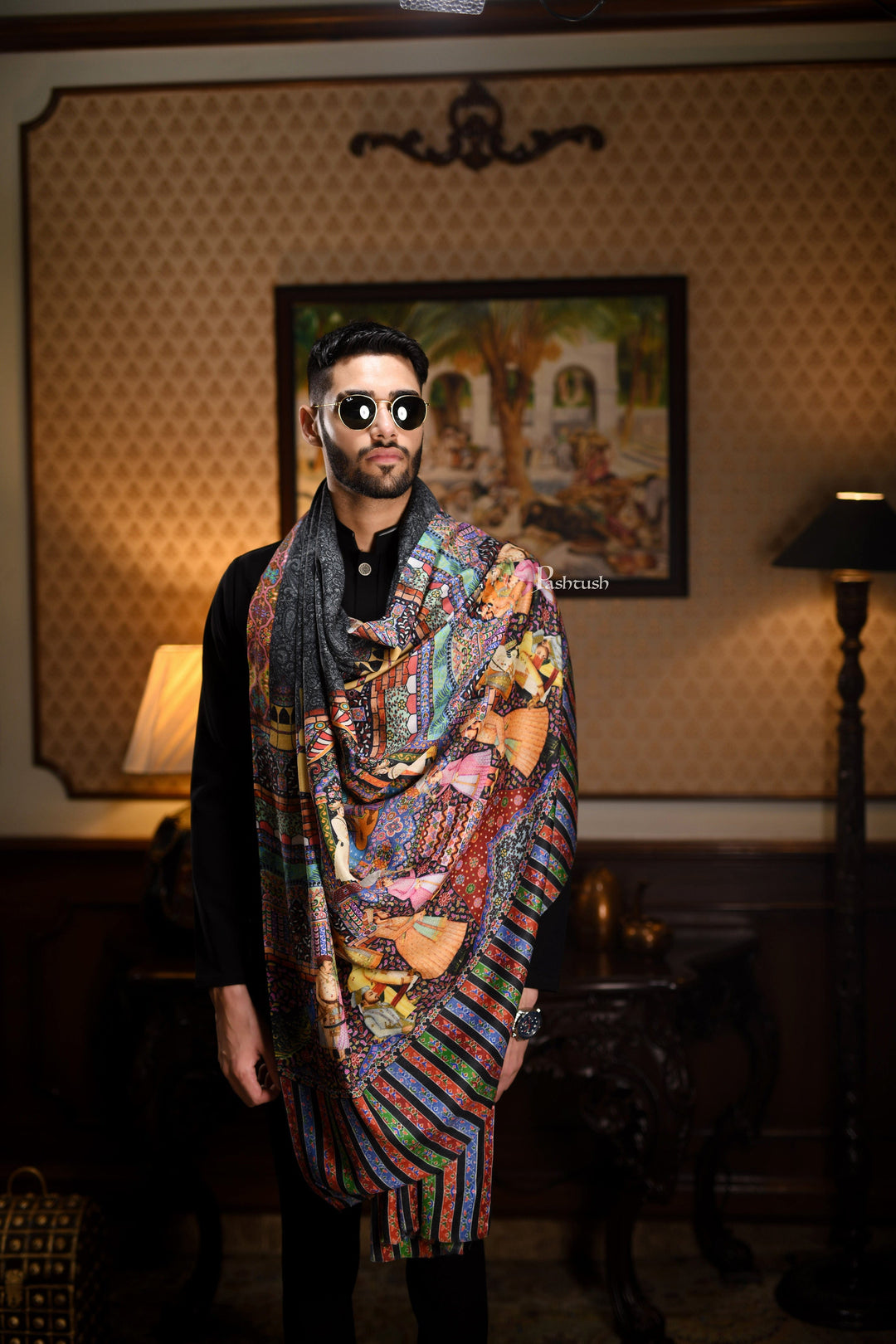 Pashtush India Gift Pack Pashtush His And Her Gift Set Of 100% Pure Wool Darbar Stole and Ethnic Weave Shawl With Wooden Chester Box, Multicolour