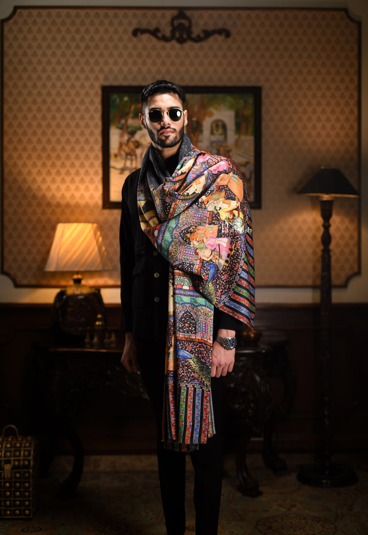 Pashtush India Gift Pack Pashtush His And Her Gift Set Of 100% Pure Wool Printed Stole and Darbar Shawl With Wooden Chester Box, Multicolour