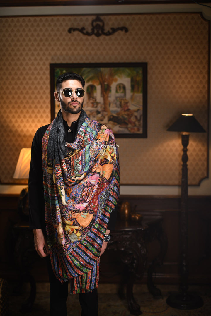 Pashtush India Gift Pack Pashtush His And Her Gift Set Of 100% Pure Wool Printed Stole and Darbar Shawl With Wooden Chester Box, Multicolour