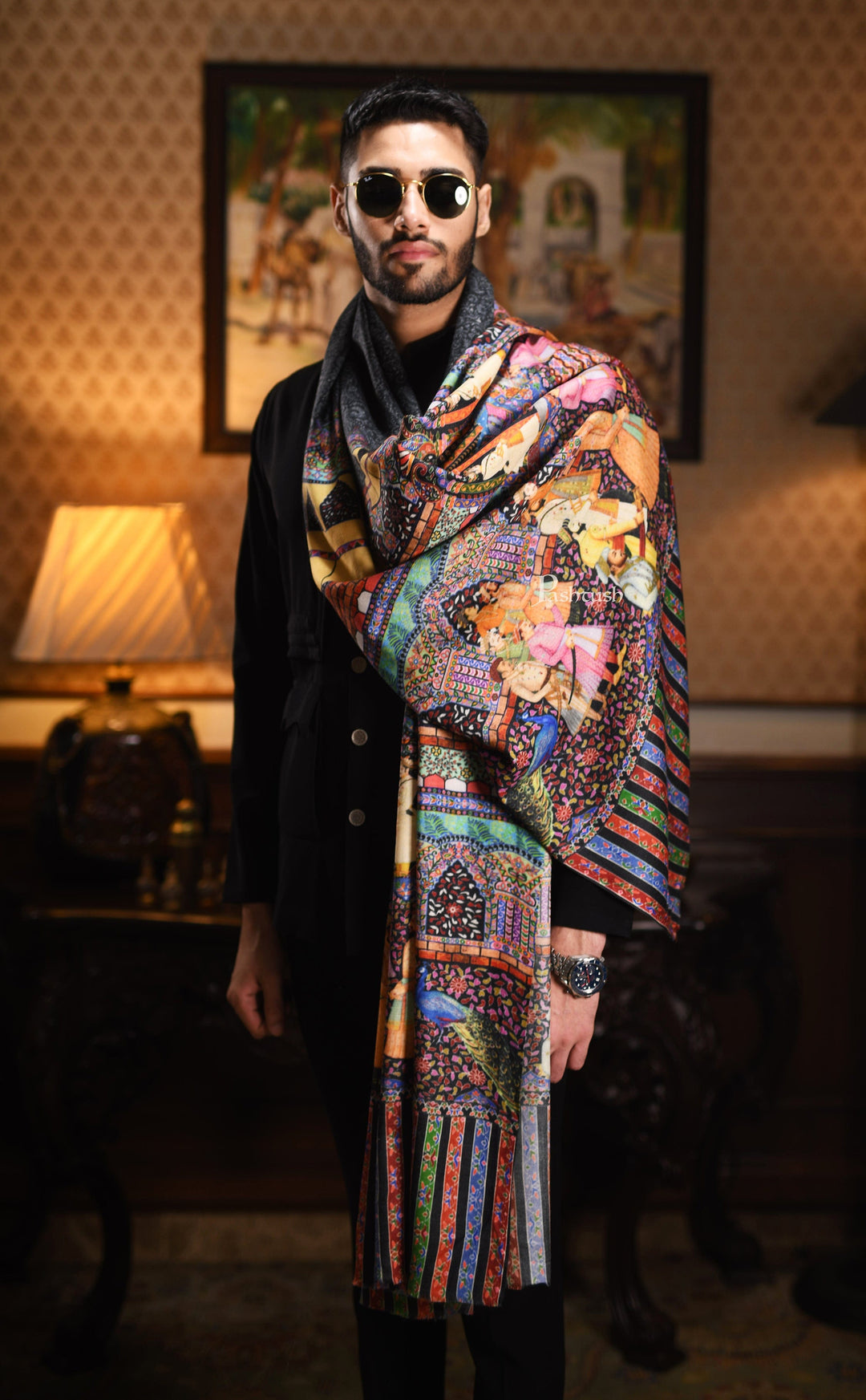 Pashtush India Gift Pack Pashtush His And Her Gift Set Of 100% Pure Wool Printed Stole and Darbar Shawl With Wooden Chester Box, Multicolour