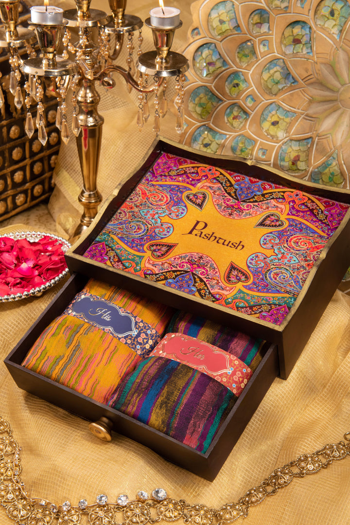 Pashtush India Gift Pack Pashtush His And Her Gift Set Of 100% Pure Wool Reversible Stole and Shawl With Wooden Chester Box, Multicolour