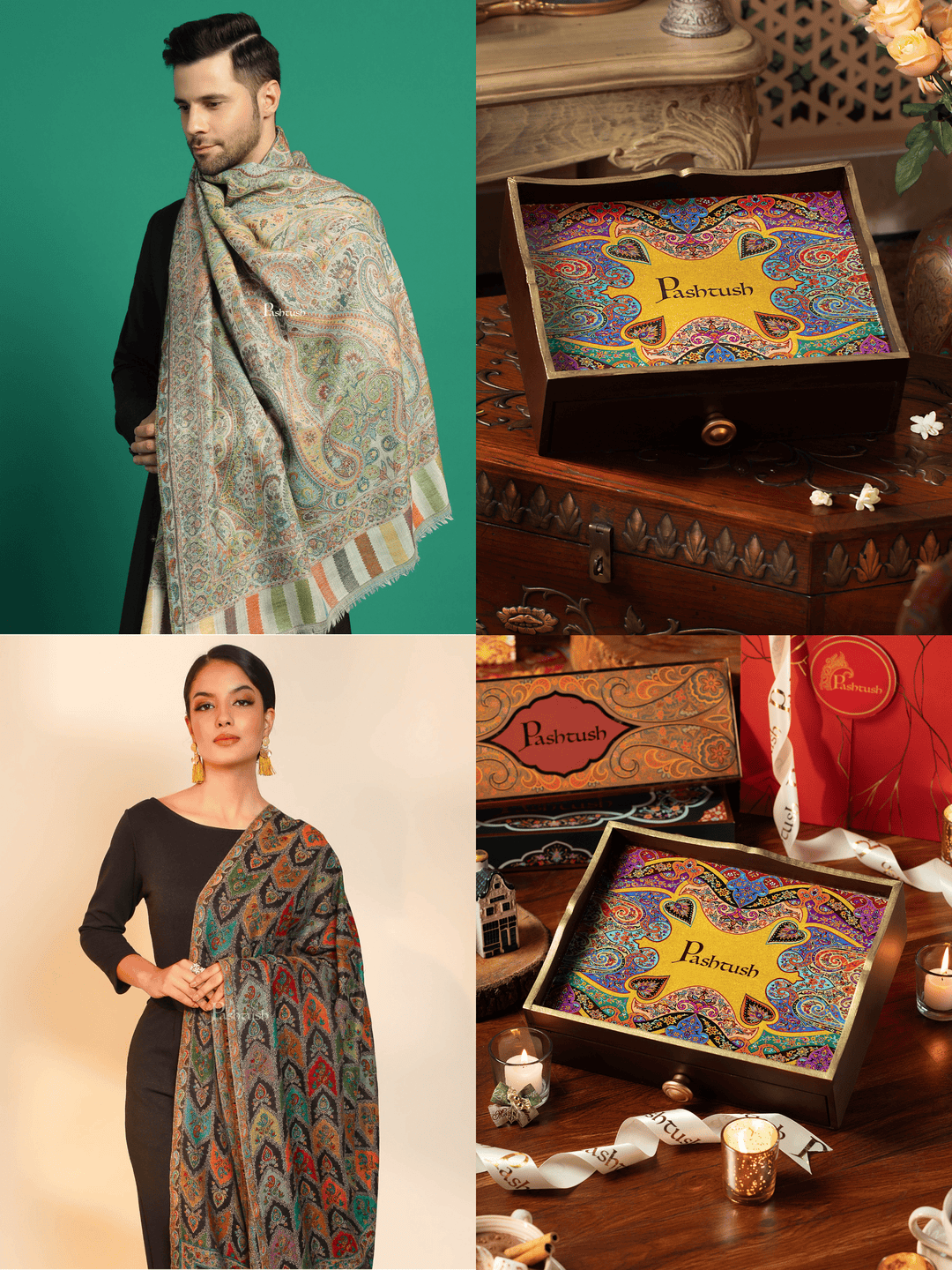 Pashtush India Gift Pack Pashtush His and Her Gift Set of 100% Pure Wool Stole and Shawl, Ivory and Black, Packaged in Keepsake Wooden Chester Gift Box