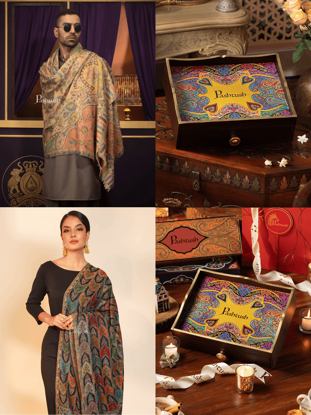 Pashtush India Gift Pack Pashtush His and Her Gift Set of 100% Pure Wool Stoles, Beige and Black, Packaged in Keepsake Wooden Chester Gift Box